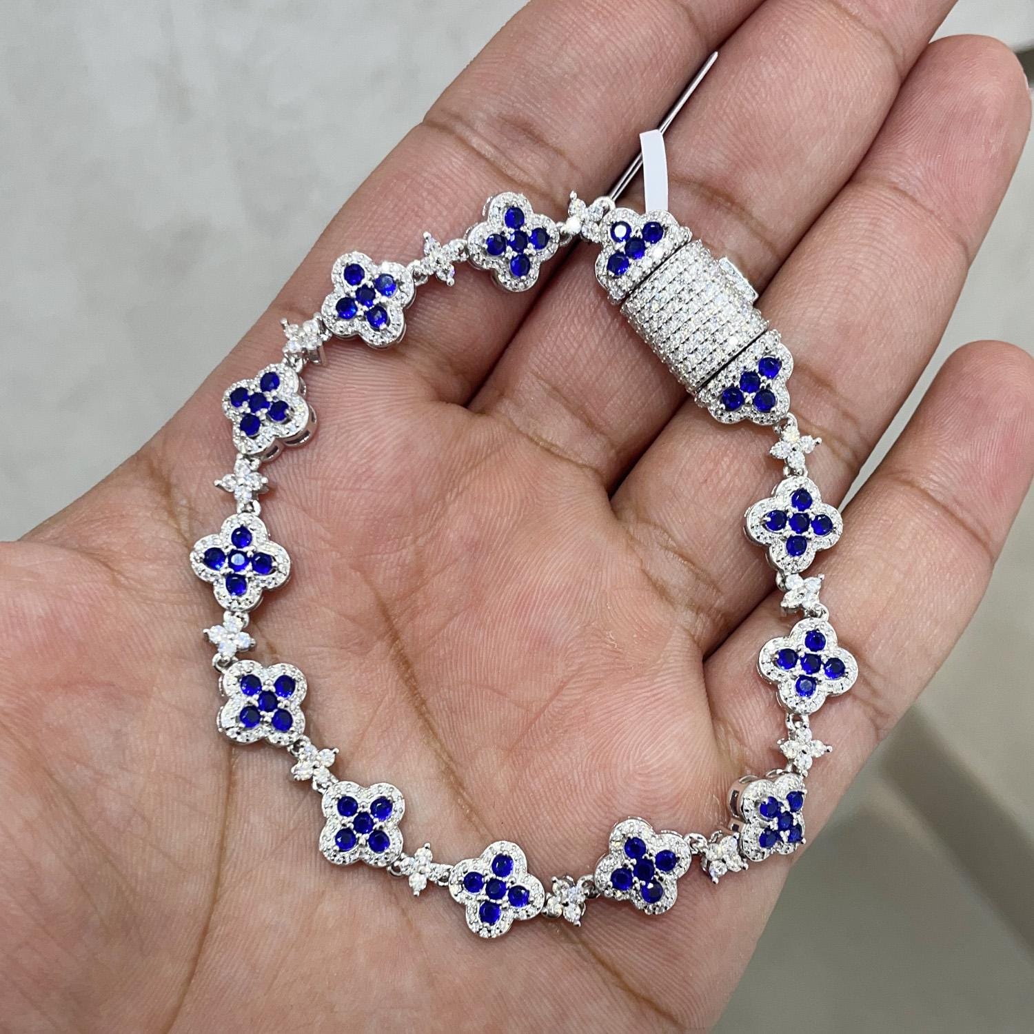 Tennis Bracelet, Gemstone Bracelet , Silver Bracelet, Diamond Bracelet, Dainty Bracelet, Gift for Her, Moissanite Diamond, Blue Clover Stone