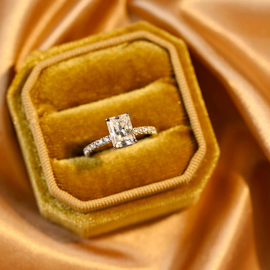 Solid Gold Radiant Cut Moissanite Engagement Ring, Hidden Halo Pave Ring
