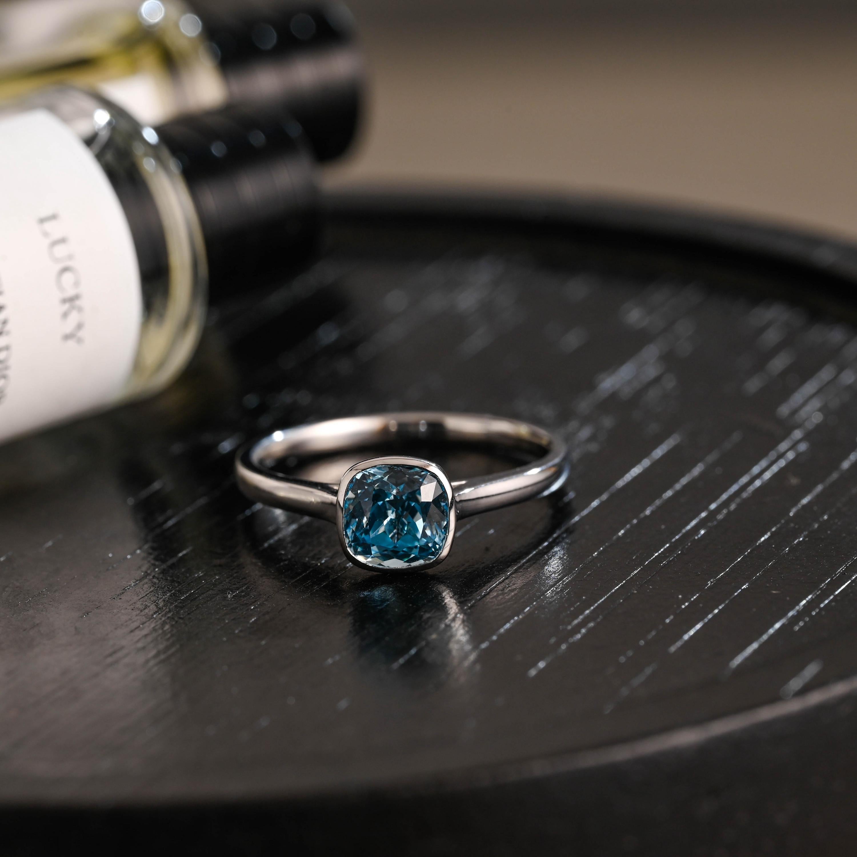 Solid Gold Cushion Cut Aquamarine Engagement Ring, Proposal Ring, Promise Ring, Wedding Ring, Anniversary Gift Birthday Gift for Women Wife