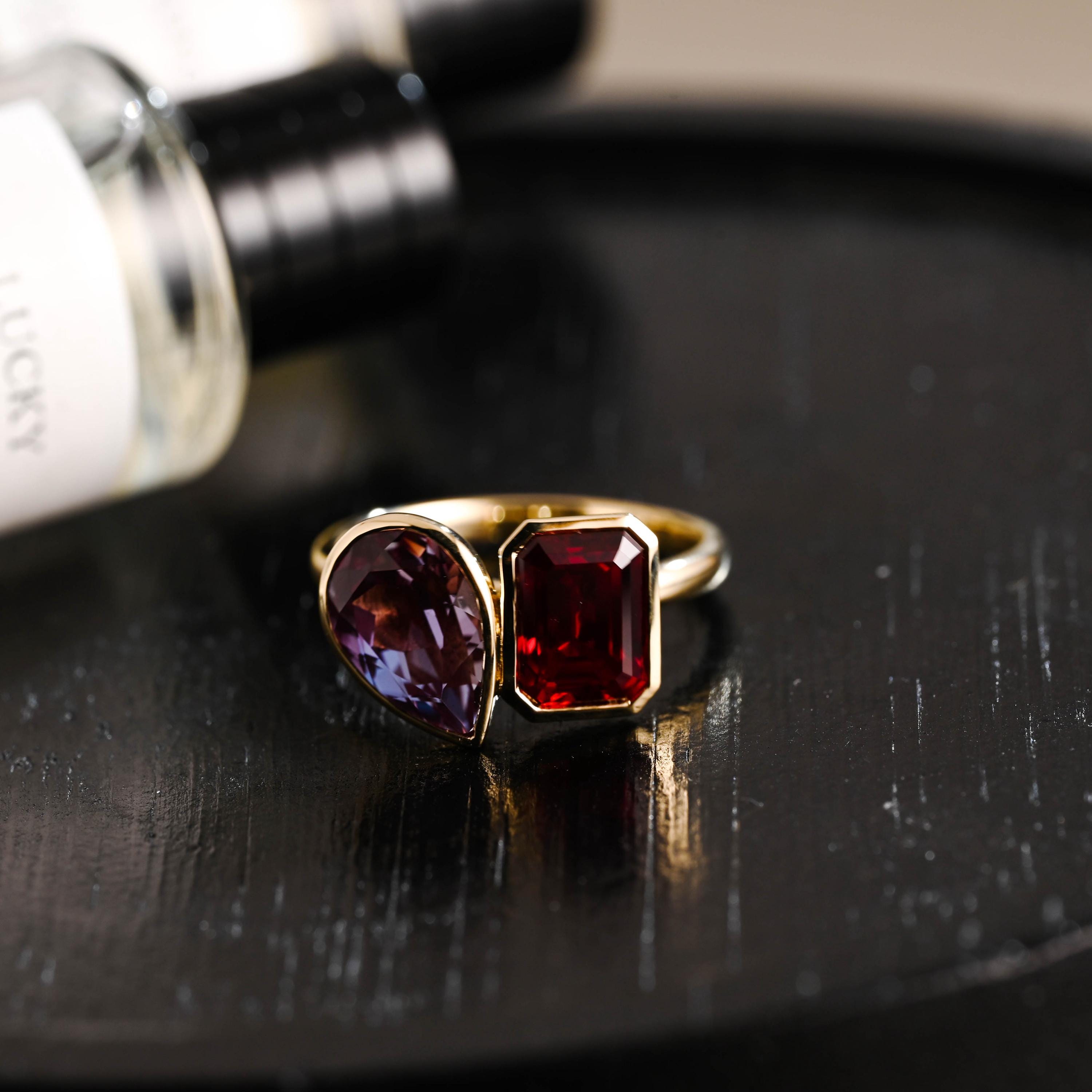 Solid Gold Emerald Cut Lab Grown Ruby & Pear Lab Grown Alexandrite Toi et Moi Engagement Ring