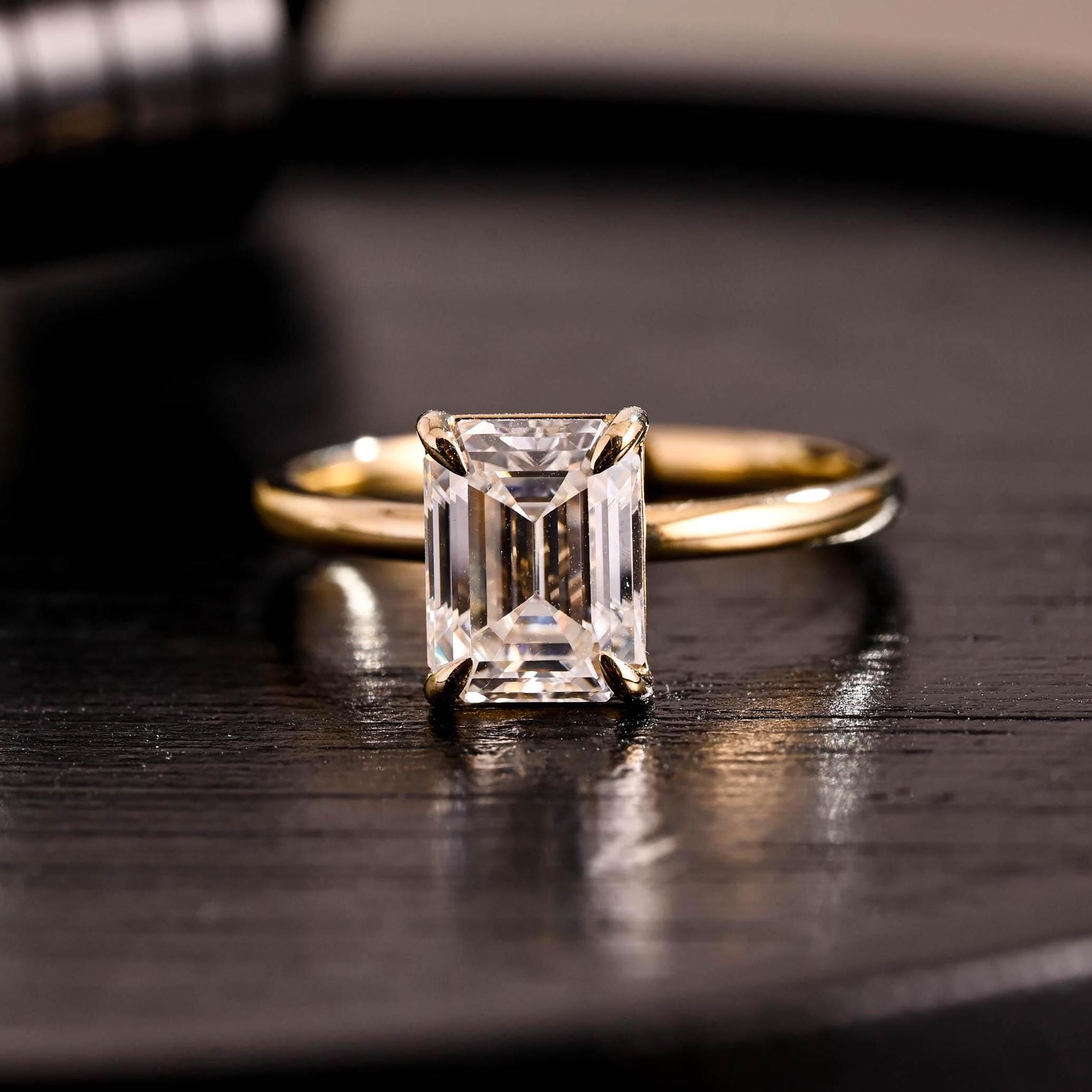 Solid Gold Solitaire Emerald Cut Moissanite Engagement Ring, Moissanite Promise Ring