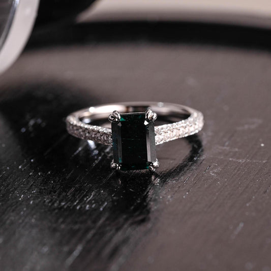 Full Pave Lab Grown Emerald Engagement Ring, Cathedral Setting Wedding Ring, 8 Prongs Anniversary Ring for Women, Moissanite Ring Gifts
