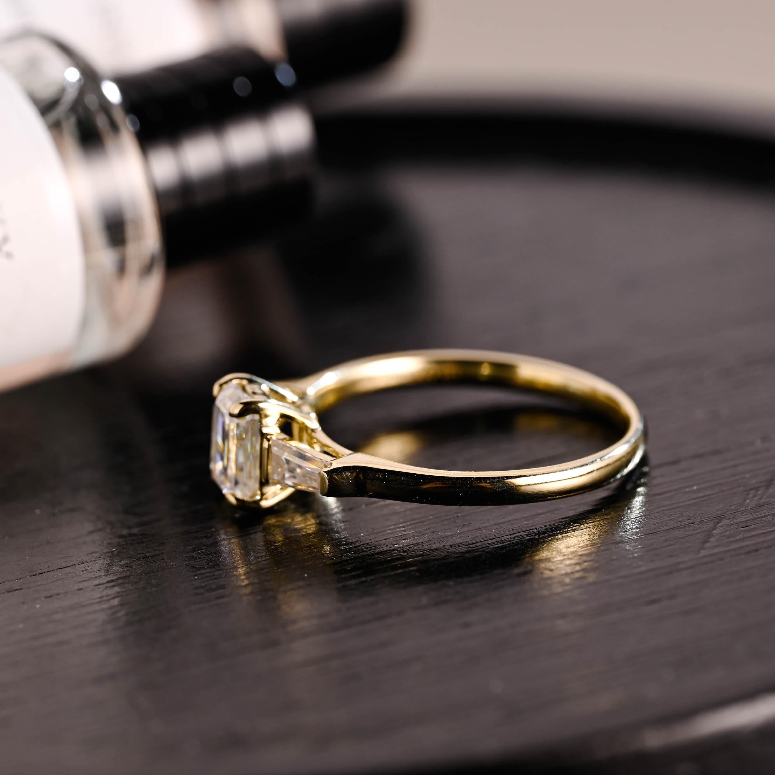 Solid Gold Three Stone Emerald Cut Moissanite Engagement Ring, Trapezoid Accents Emerald Cut Wedding Ring, Anniversary Ring, Moissanite Ring