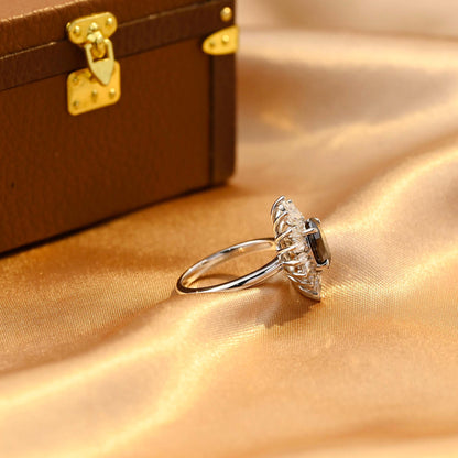 Solid Gold Oval Cut Black Moissanite Engagement Ring, Starburst Halo Ring