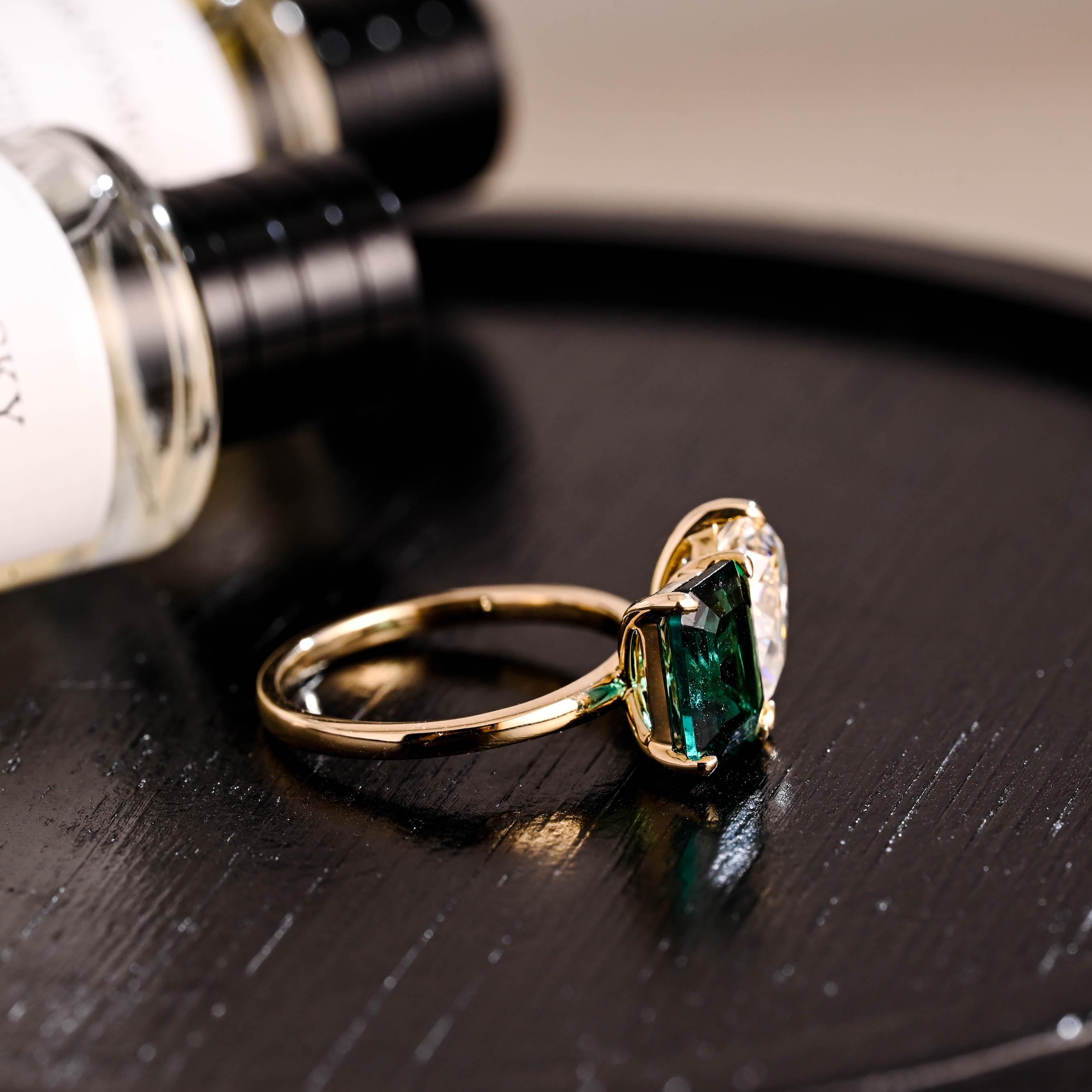 Solid Gold Toi et Moi Ring, Pear Cut & Emerald Cut Green Moissanite Engagement Ring, Two Stone Ring