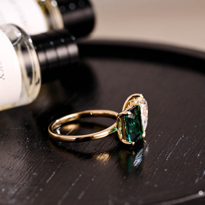 Solid Gold Toi et Moi Ring, Pear Cut & Emerald Cut Green Moissanite Engagement Ring, Two Stone Ring