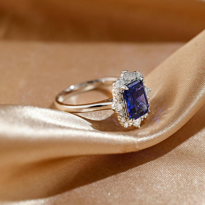 Solid Gold Emerald Cut Lab Grown Sapphire Engagement Ring, Halo Moissanite Wedding Ring, Anniversary Gemstone Ring, Moissanite Gifts
