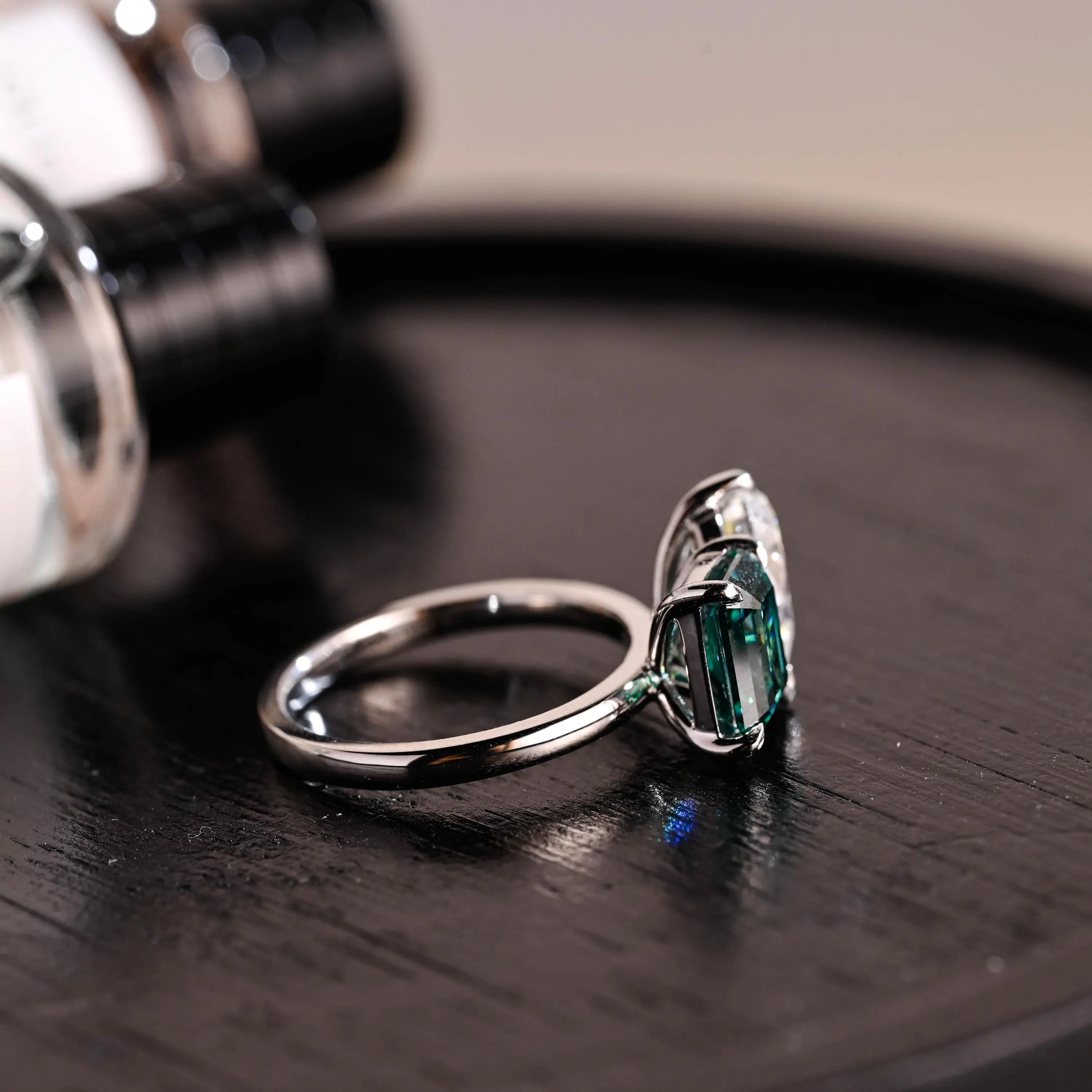 Solid Gold Pear Cut Toi et Moi Moissanite Engagement Ring, Green Moissanite Two Stone Ring