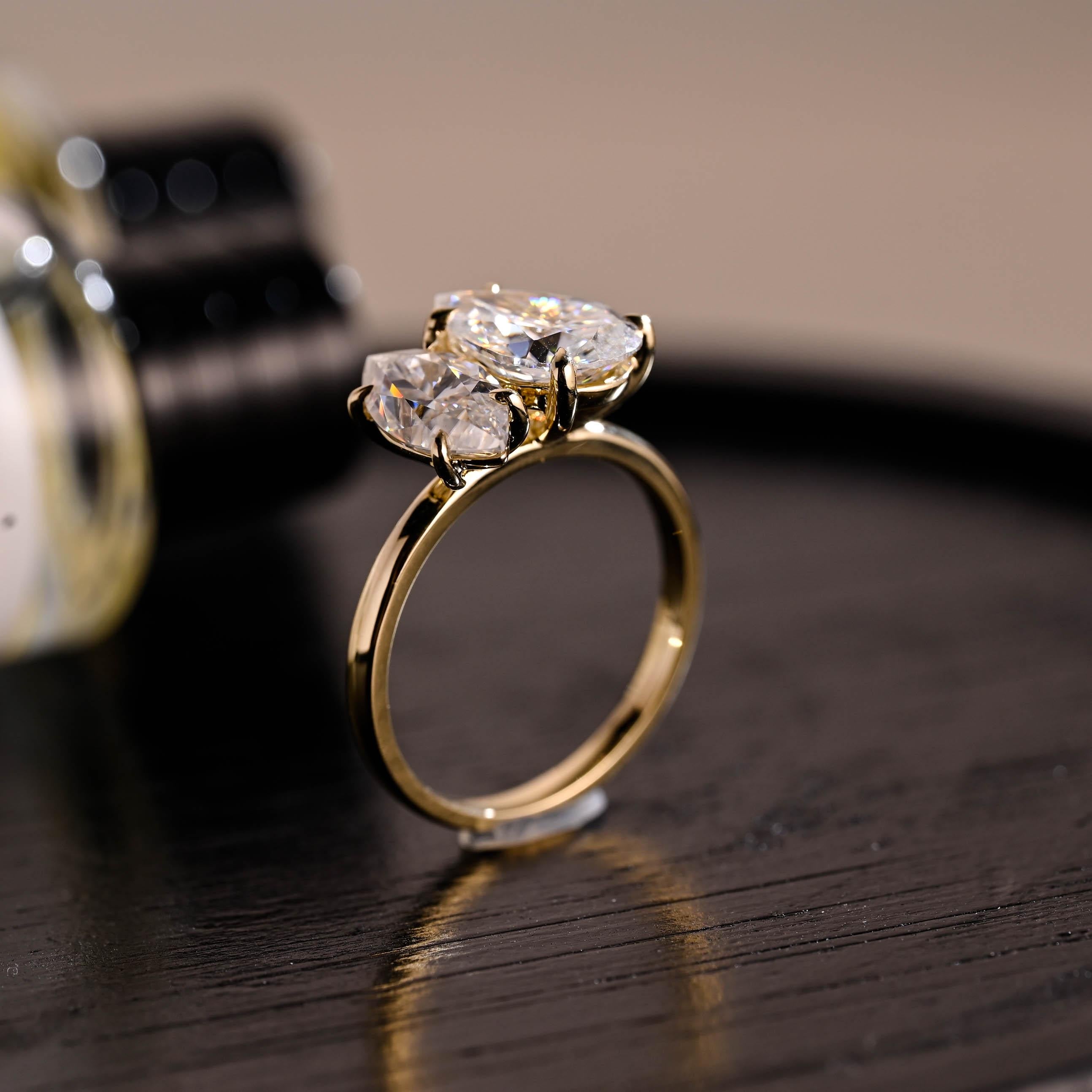 Toi et Moi Moissanite Engagement Ring, Marquise/Pear Cut Moissanite Solid Gold Ring, Two-Stone Wedding Ring