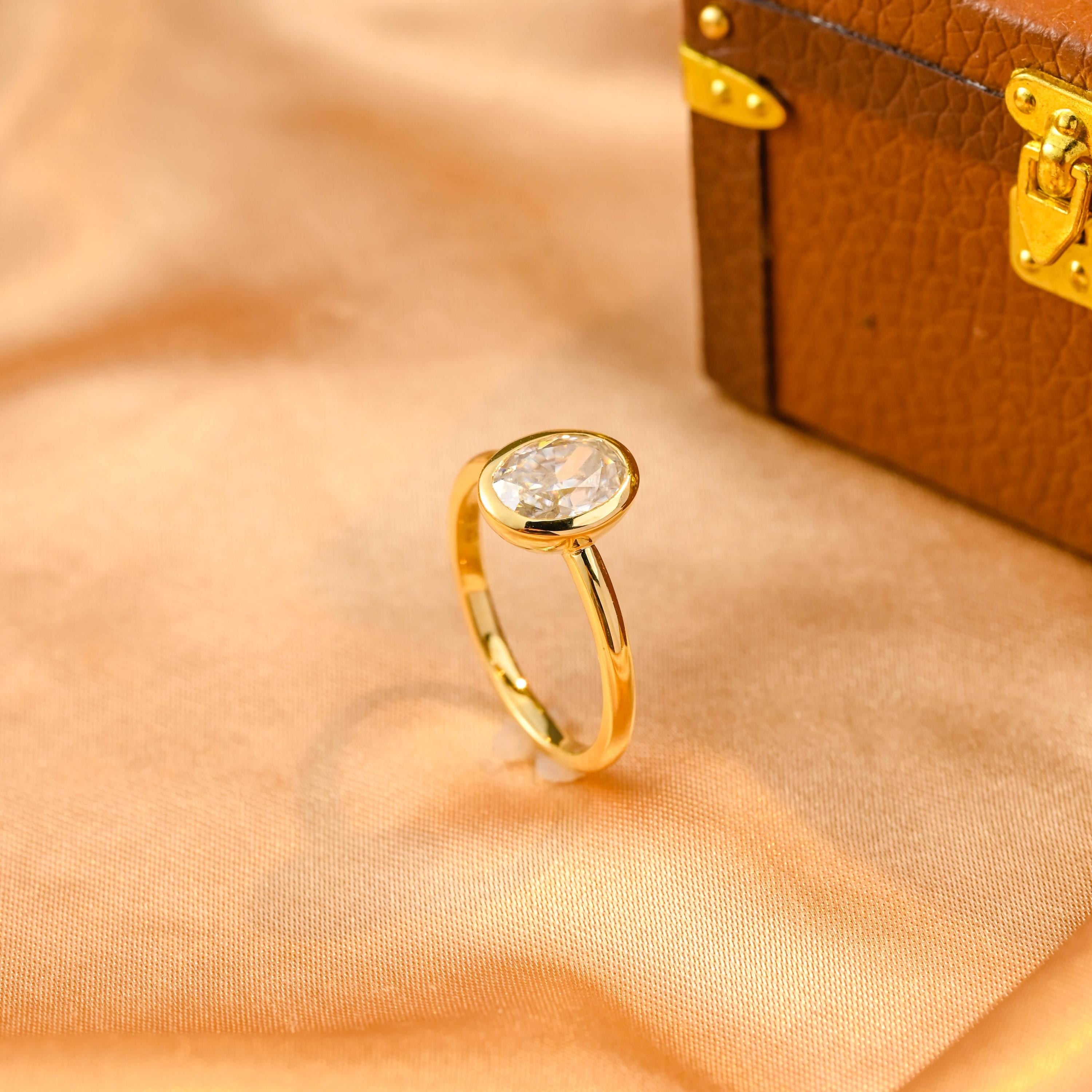 Solid Gold Solitaire Bezel Oval Cut Moissanite Engagement Ring, Anniversary Ring for Women
