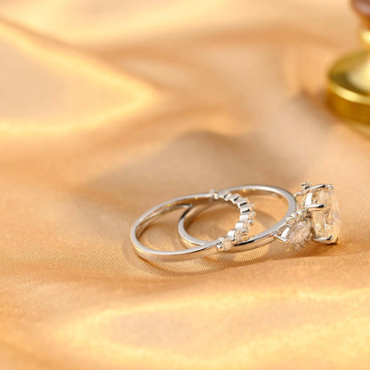 Solid Gold Three Stone Oval Cut Moissanite Engagement Ring Set, Half Eternity Ring Bridal Set