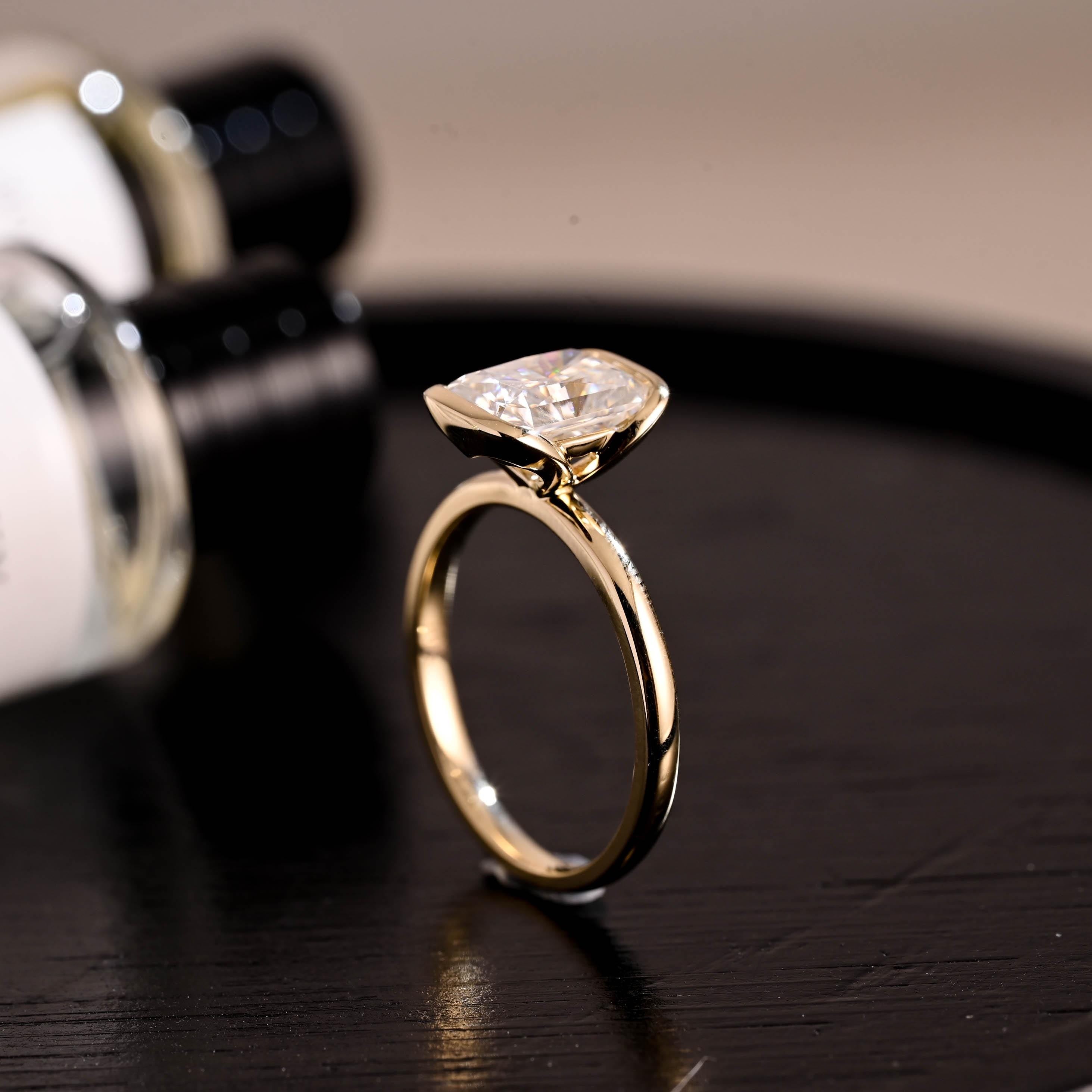Solid Gold Half Bezel Radiant Cut Moissanite Engagement Ring, Solitaire Ring
