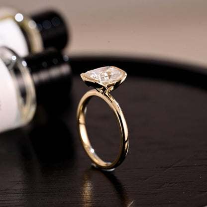 Solid Gold Half Bezel Radiant Cut Moissanite Engagement Ring, Solitaire Ring
