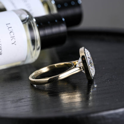 Solid Gold Bezel Elongated Cushion Cut Moissanite Engagement Ring, Anniversary Gift for Women