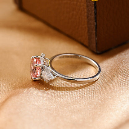 Solid Gold Oval Cut Lab Grown Pink Sapphire Engagement Ring, Side Cluster Wedding Ring