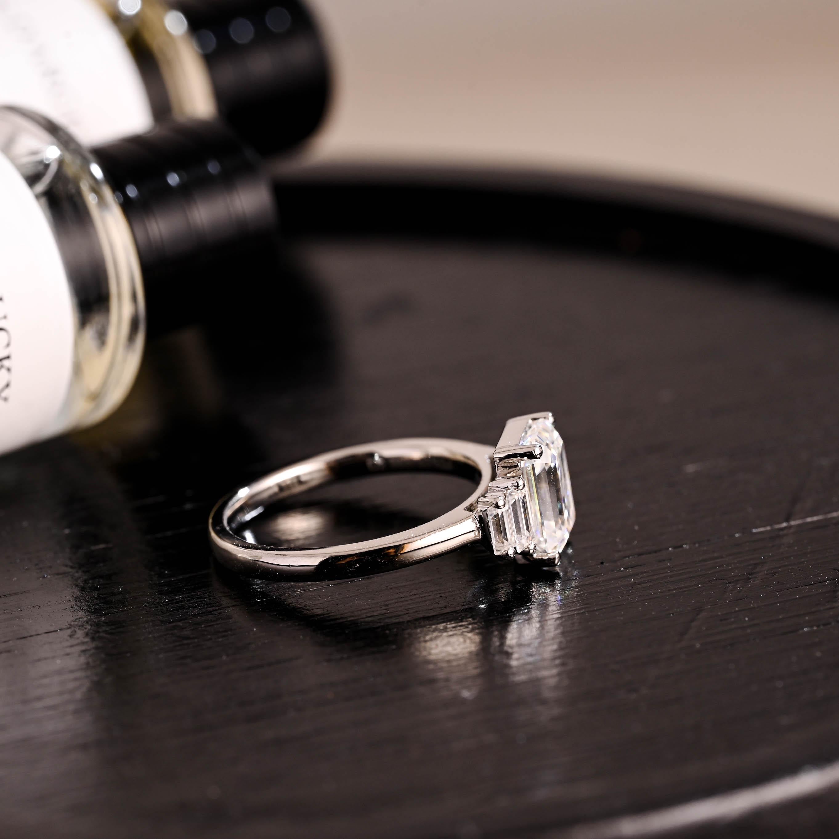 Side Stone Emerald Cut Moissanite Engagement Ring, Solid Gold Emerald Cut Moissanite Wedding Ring, Anniversary Ring, Moissanite Promise Ring