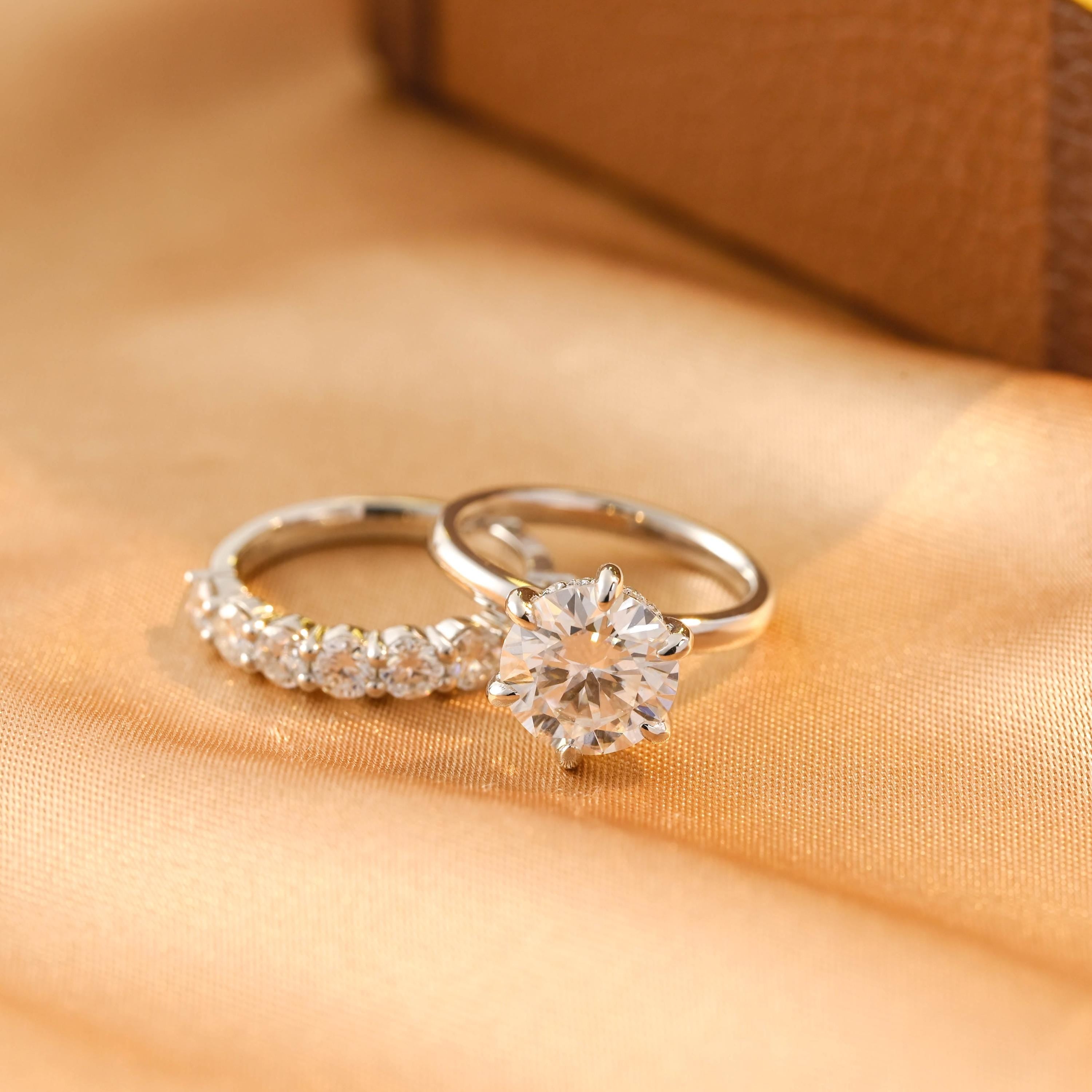 Solid Gold Hidden Halo Round Cut Moissanite Engagement Ring Set, Half Eternity Ring Bridal Set