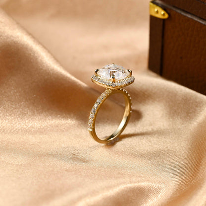 Solid Gold Cushion Cut Moissanite Engagement Ring, Halo Cushion Cut Wedding Ring, Half Pave Anniversary Ring for Her, Moissanite Gift
