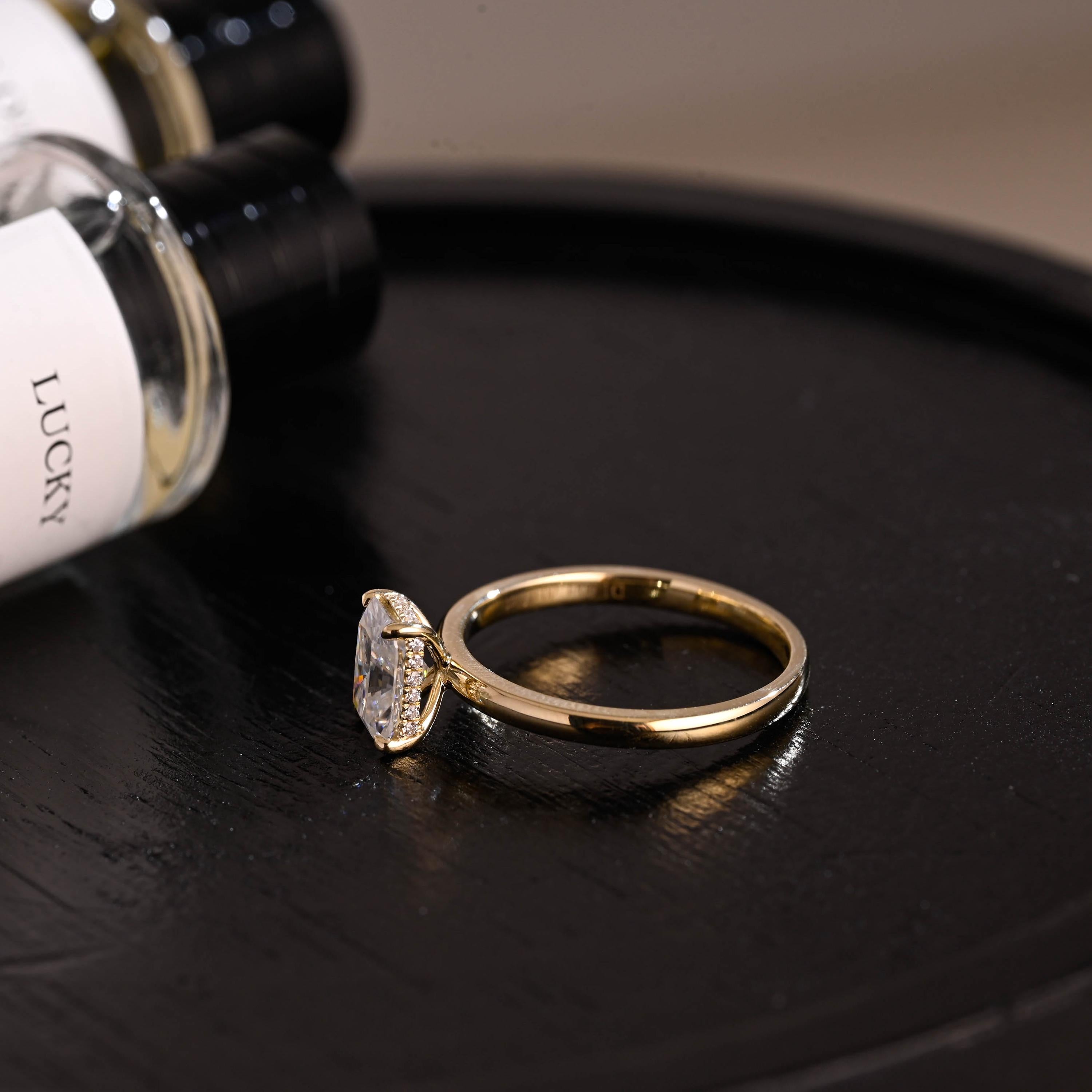 Solid Gold Hidden Halo Radiant Cut Moissanite Engagement Ring, Anniversary Ring for Her