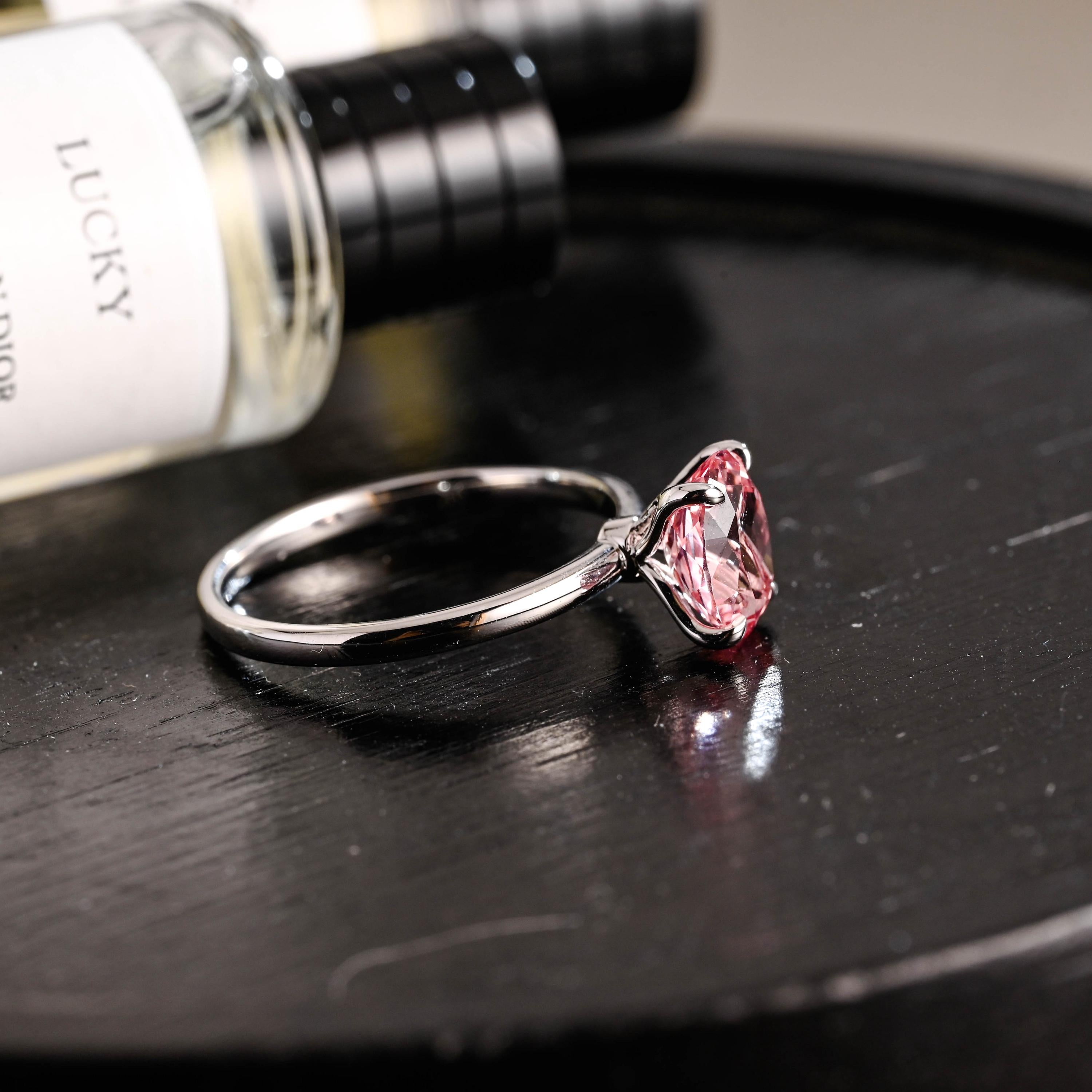 Solid Gold Tulip Setting Oval Cut Lab Grown Pink Sapphire Engagement Ring