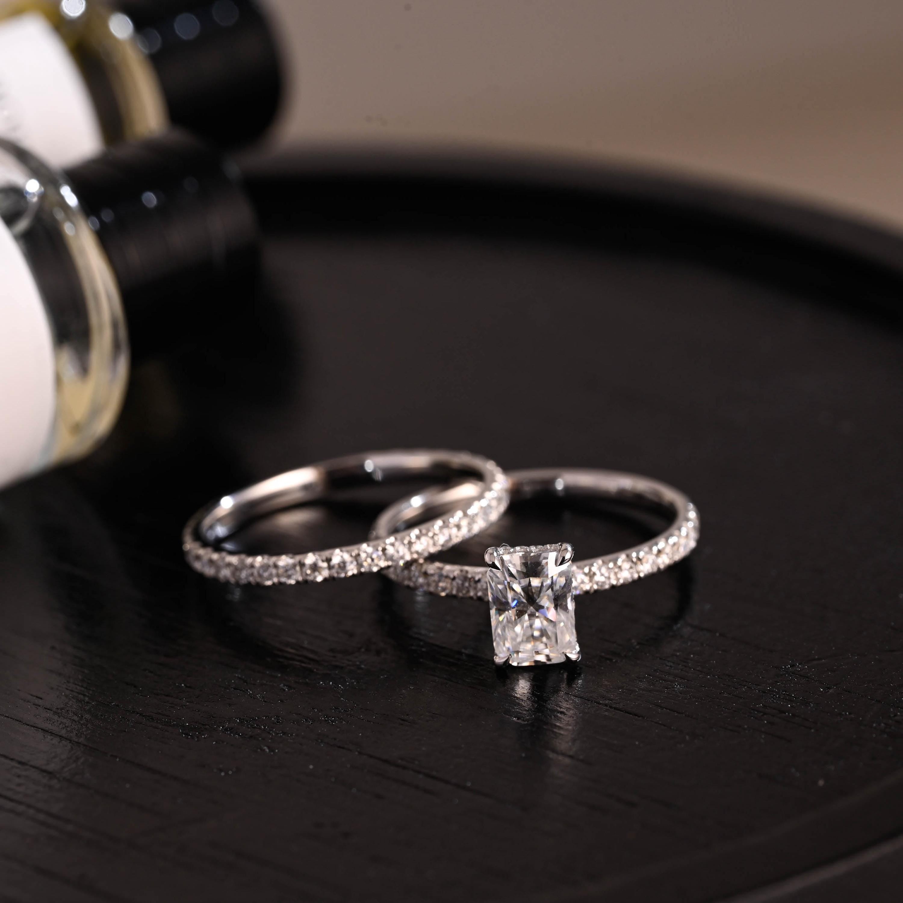 Solid Gold Hidden Halo Radiant Cut Moissanite Engagement Ring Set, Full Eternity Band, Bridal Set