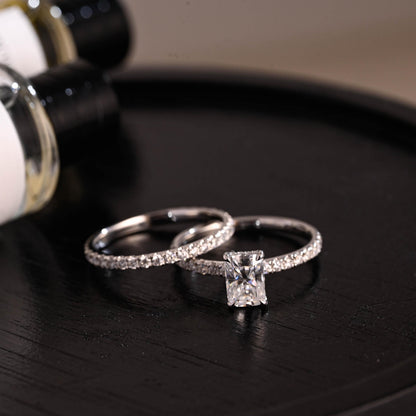 Solid Gold Hidden Halo Radiant Cut Moissanite Engagement Ring Set, Full Eternity Band, Bridal Set