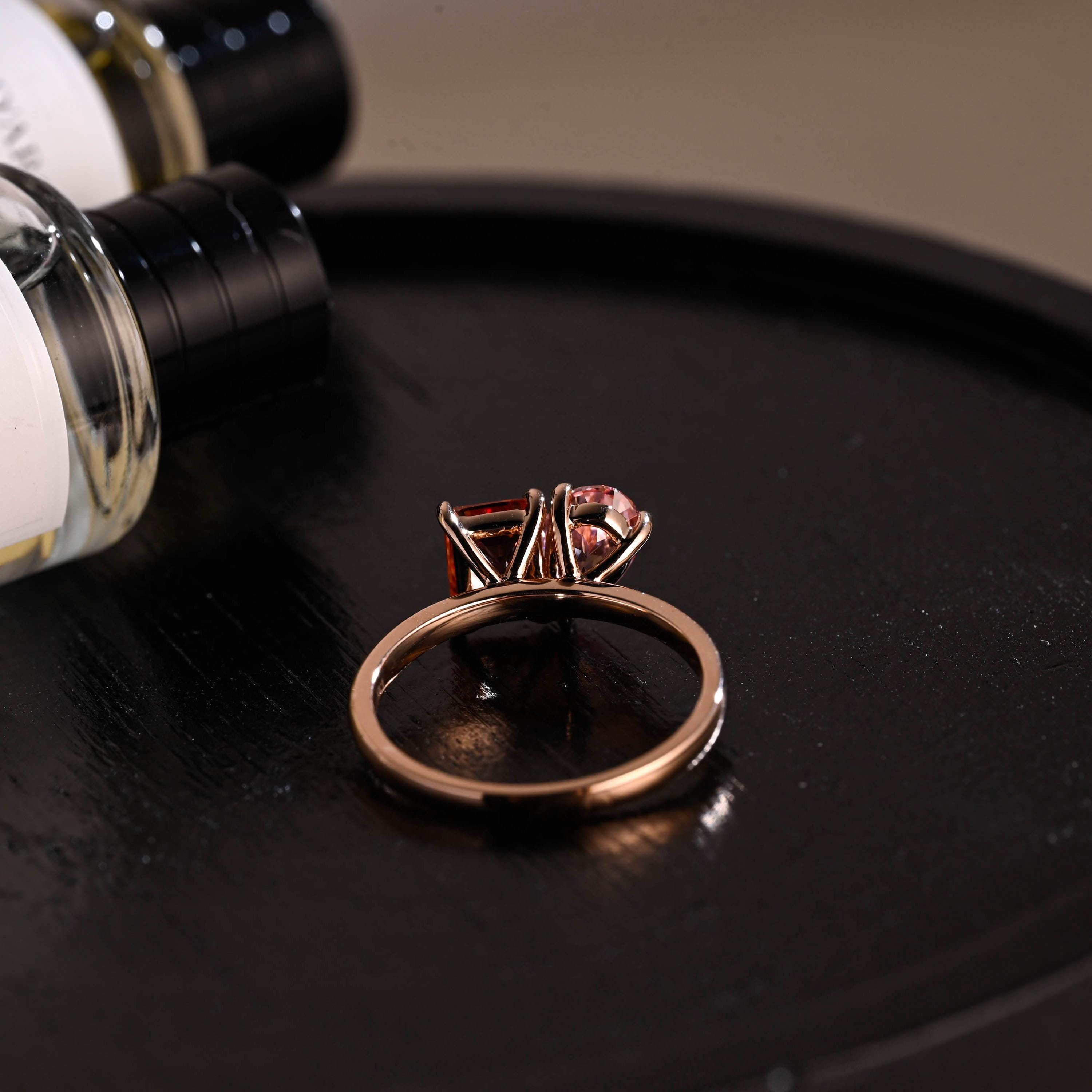 Solid Gold Lab Grown Orange & Pink Sapphire Toi et Moi Wedding Ring, Memorial Two Stone Engagement Ring