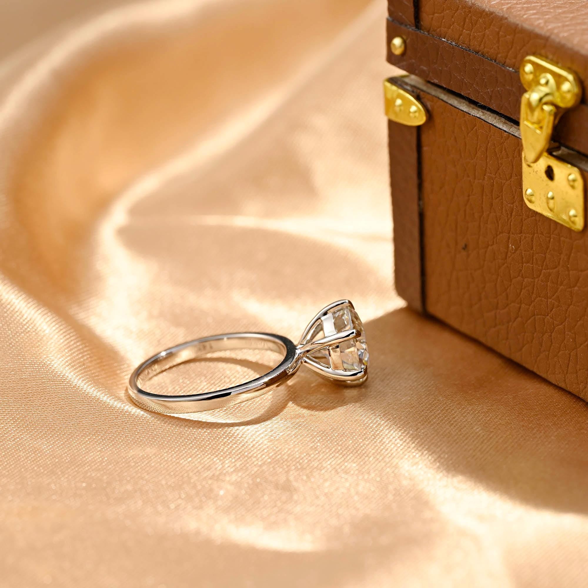 Solid Gold Solitaire Round Cut Moissanite Engagement Ring, Classic 6 Prongs Anniversary Ring for Women