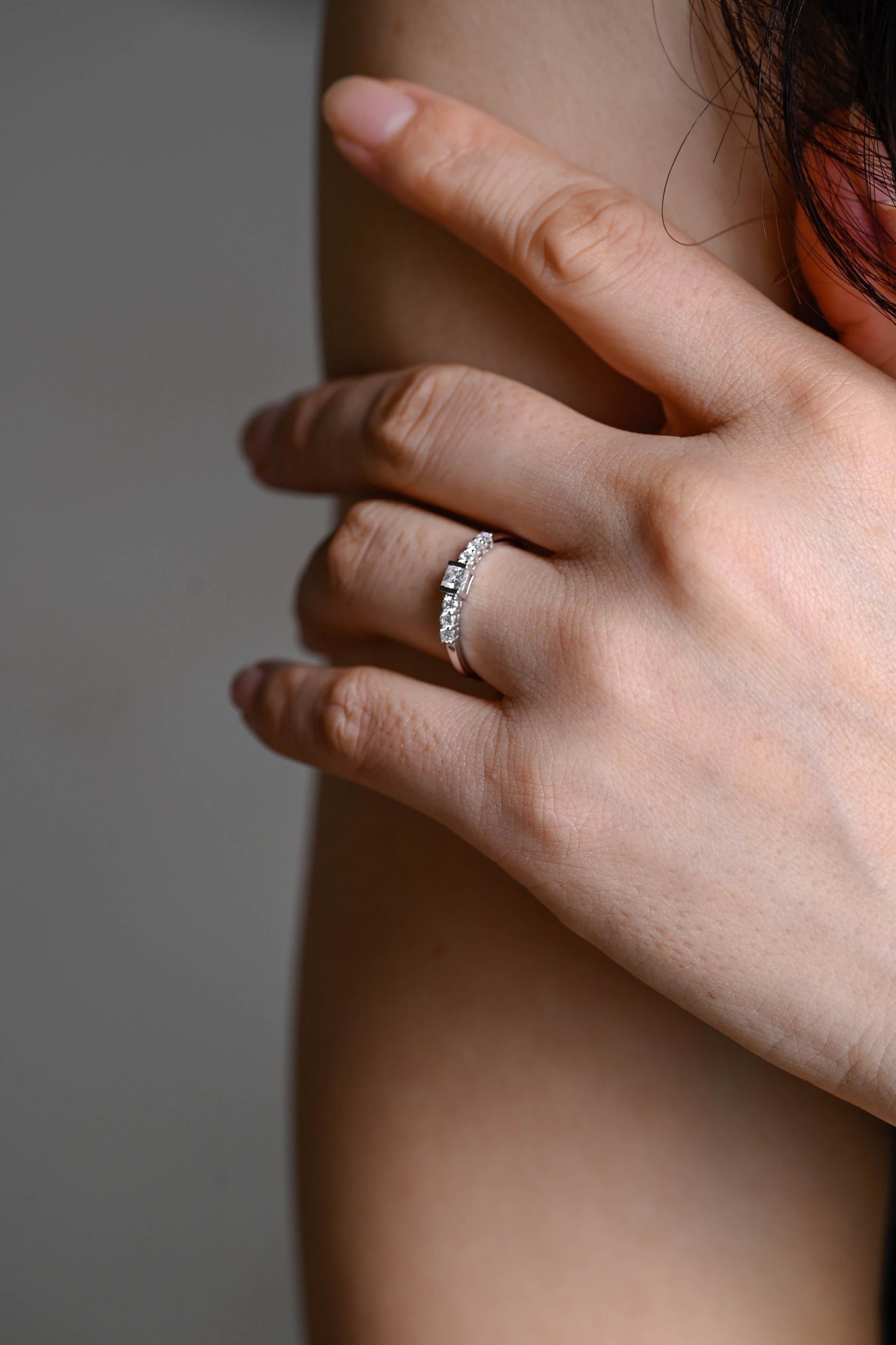 Solid Gold Moissanite Wedding Band, Princess & Round Cut Ring