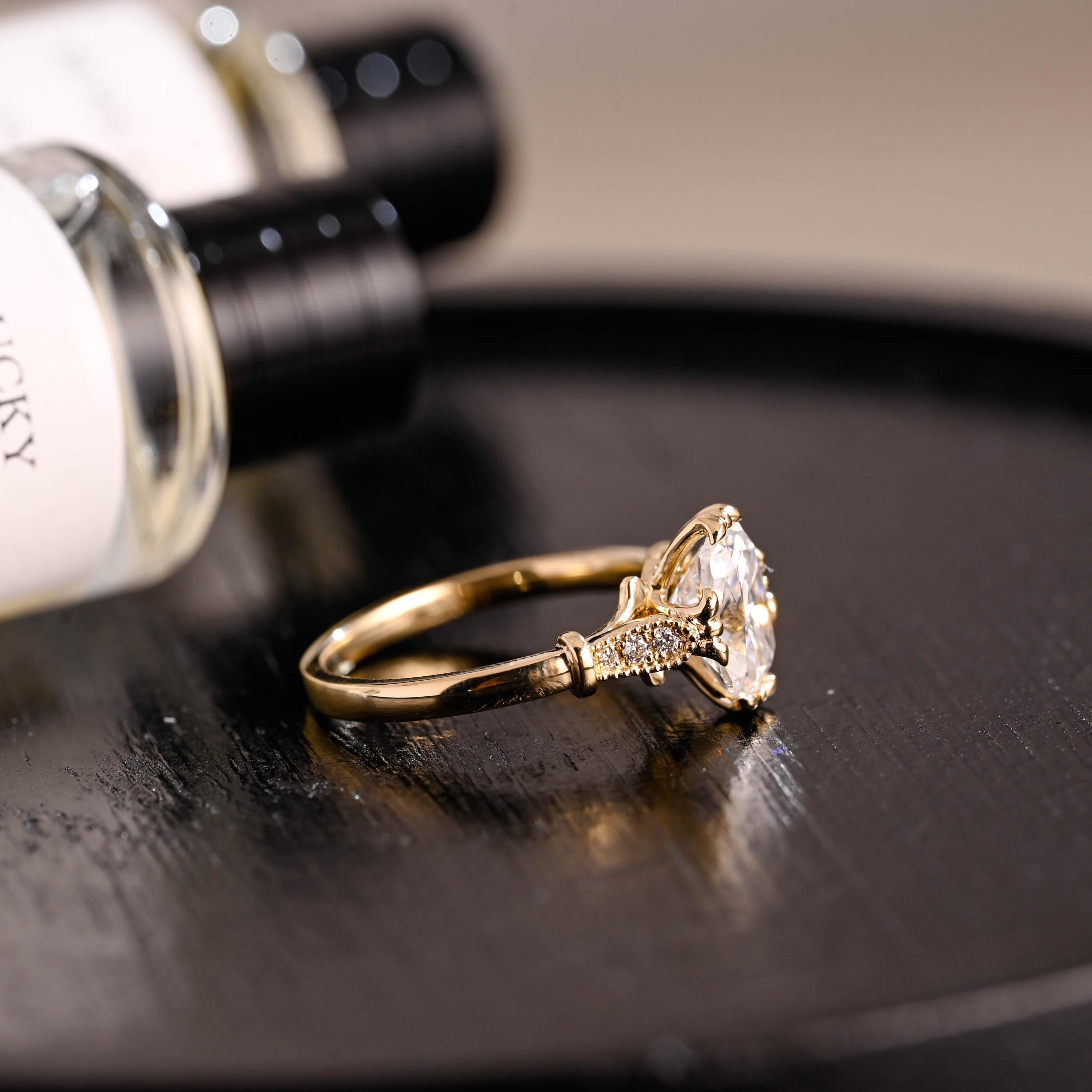 Solid Gold Filigree Elongated Beaded Milgrain Cushion Cut Moissanite Engagement Ring, Anniversary Ring