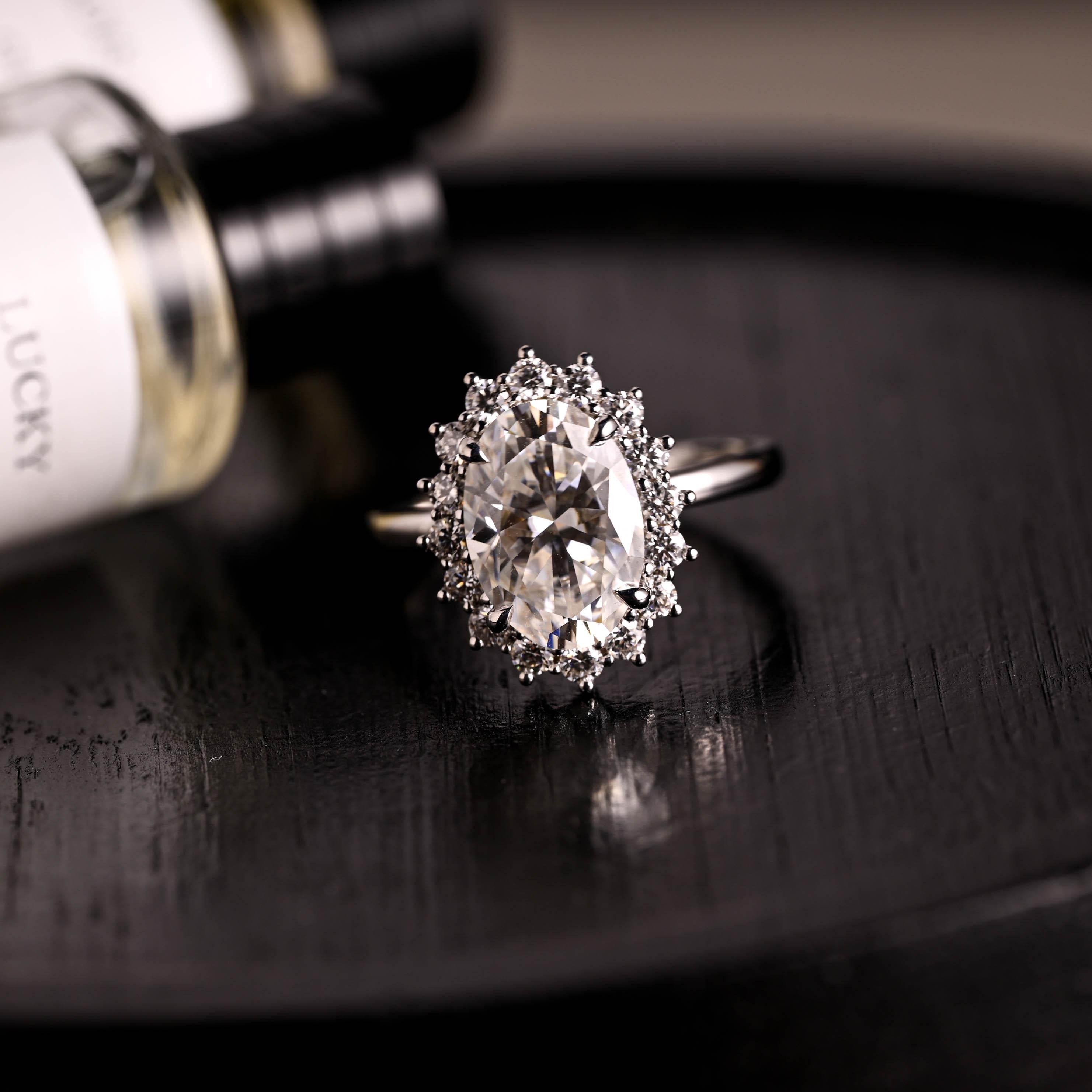 Solid Gold Starburst Oval Cut Moissanite Engagement Ring, Halo Wedding Ring