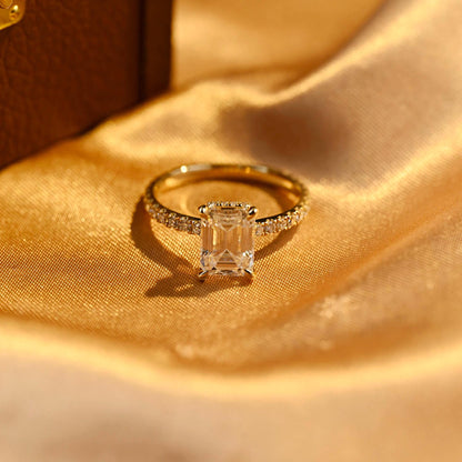 Cathedral Setting Emerald Cut Moissanite Engagement Ring, Solid Gold Hidden Halo Pave Emerald Moissanite Wedding Ring, Anniversary Ring