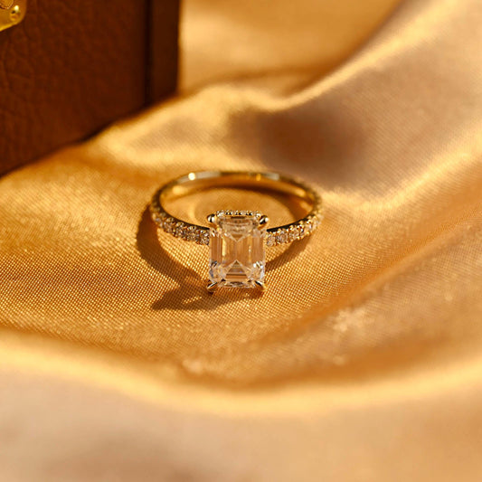 Cathedral Setting Emerald Cut Moissanite Engagement Ring, Solid Gold Hidden Halo Pave Emerald Moissanite Wedding Ring, Anniversary Ring