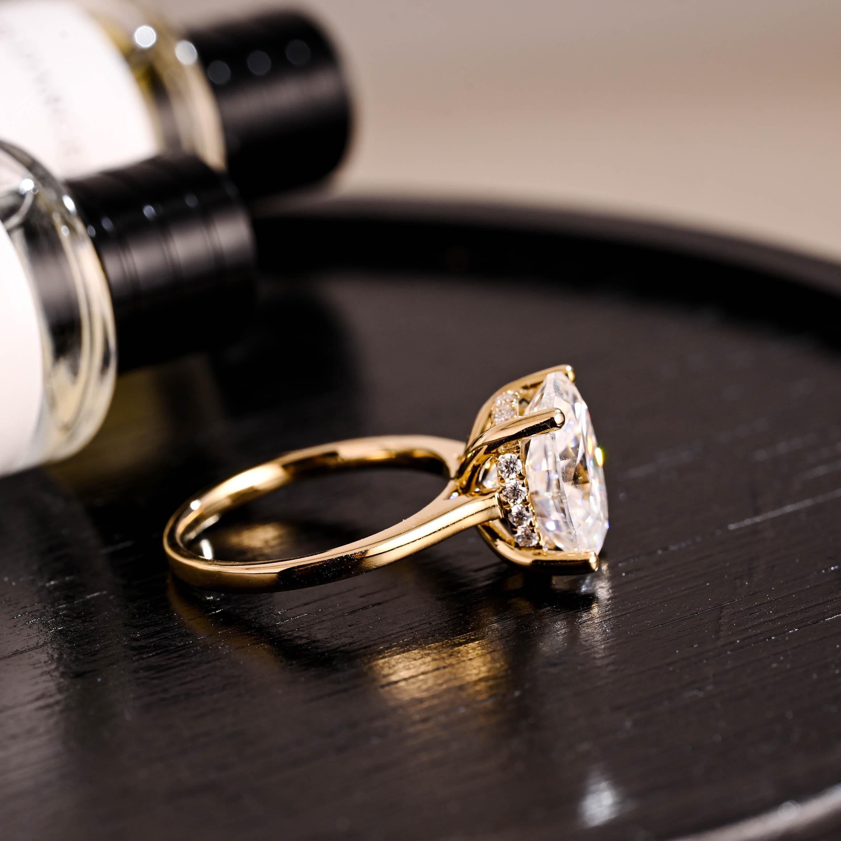 Solid Gold Oval Cut Moissanite Engagement Ring, Hidden Halo Wedding Ring, Cathedral Setting