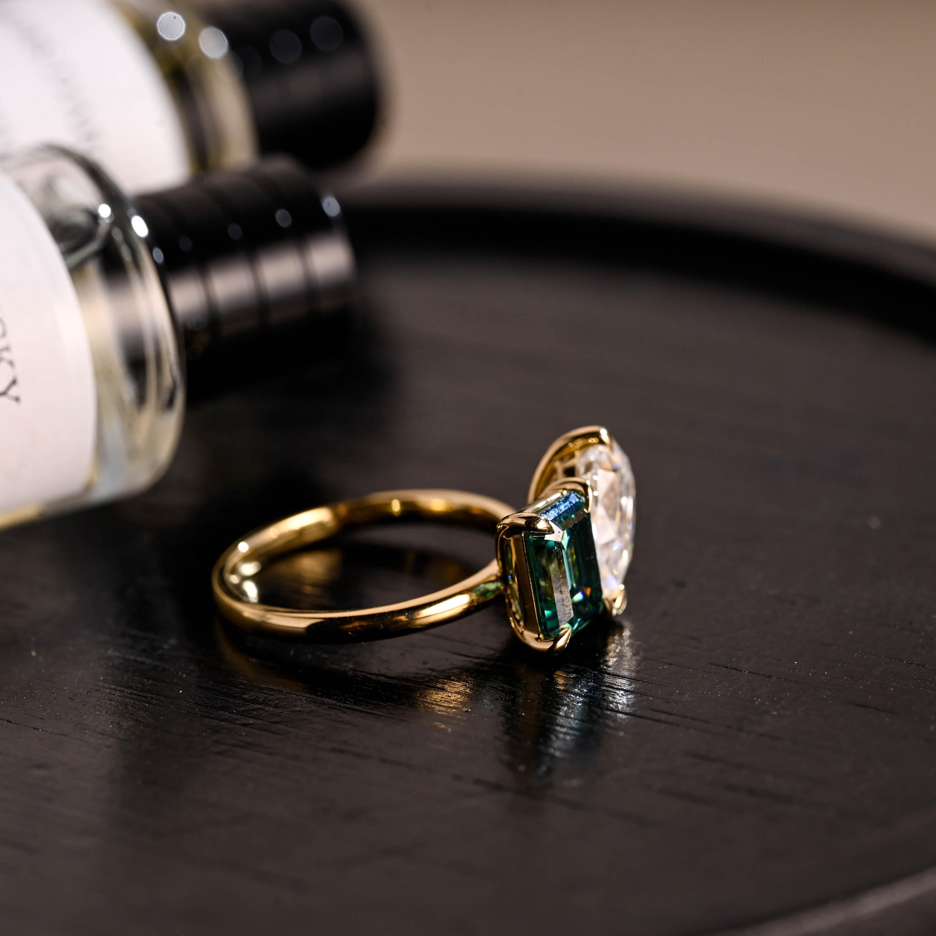 Solid Gold Toi et Moi Ring, Pear Cut & Emerald Cut Green Moissanite Engagement Ring, Two Stone Ring