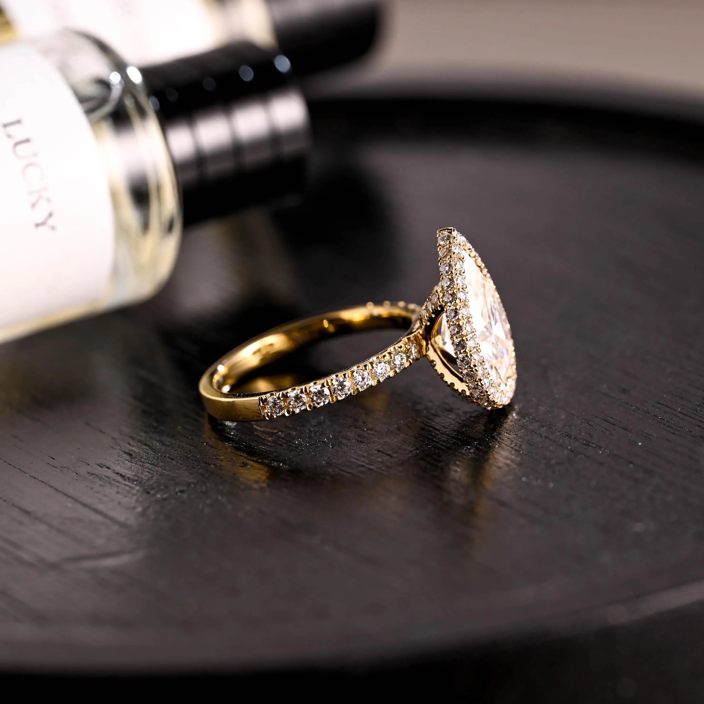 Prong Pave Pear Cut Moissanite Engagement Ring, Solid Gold Halo Pear Moissanite Wedding Ring