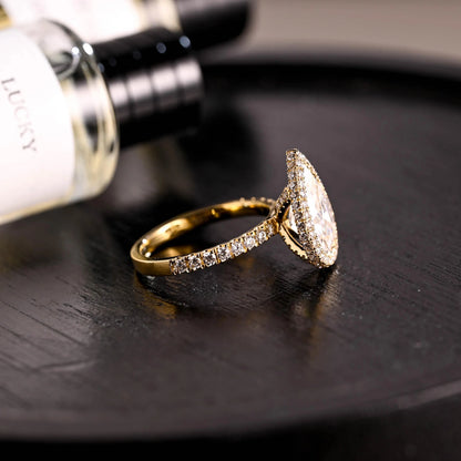 Prong Pave Pear Cut Moissanite Engagement Ring, Solid Gold Halo Pear Moissanite Wedding Ring