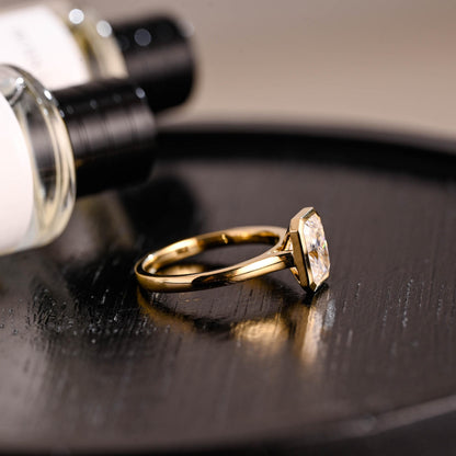 Solid Gold Bezel Crushed Ice Radiant Cut Moissanite Engagement Ring, Solitaire Cathedral Setting