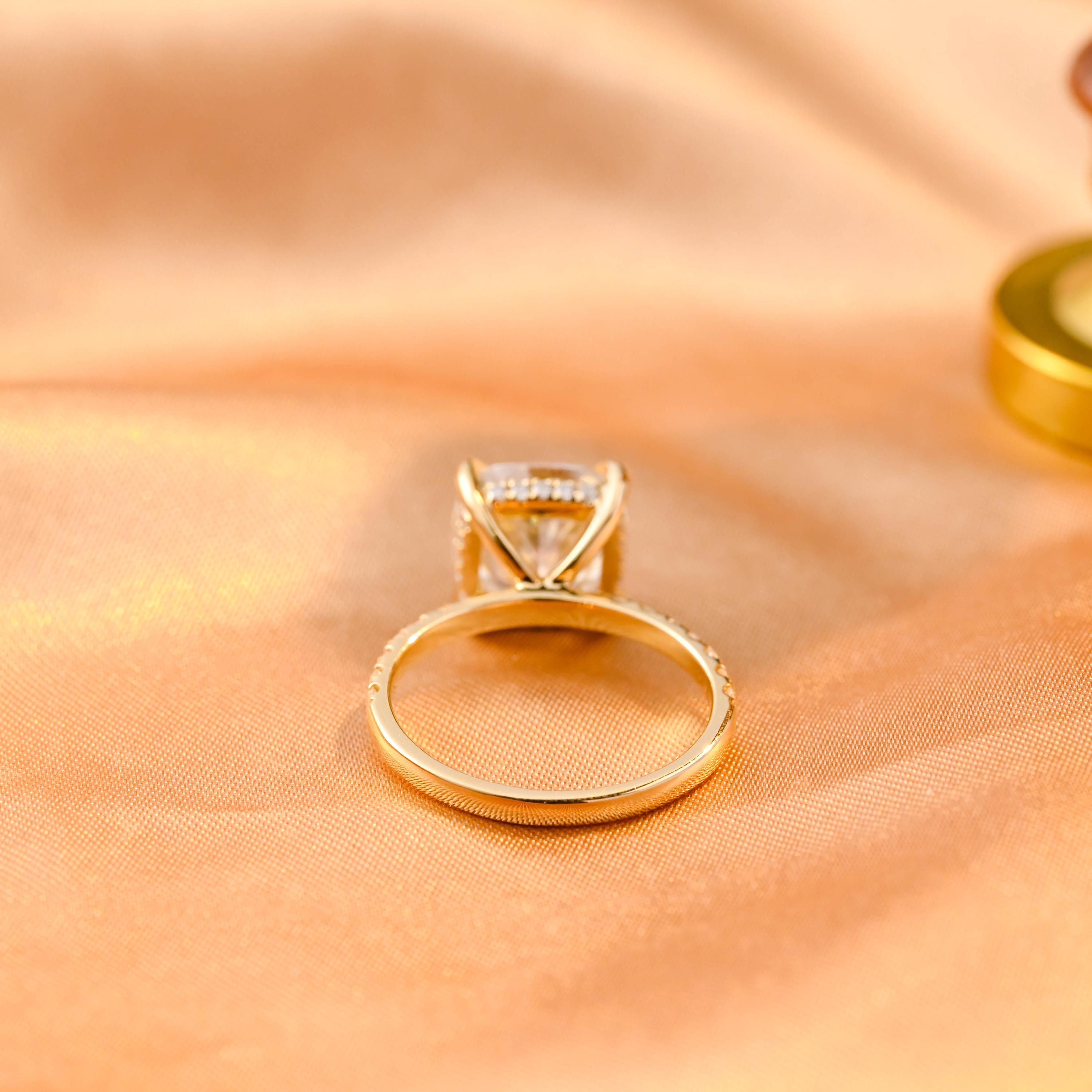 Solid Gold Cushion Cut Moissanite Engagement Ring, Hidden Halo Cushion Cut Wedding Ring, Half Pave Anniversary Ring for Her, Moissanite Gift