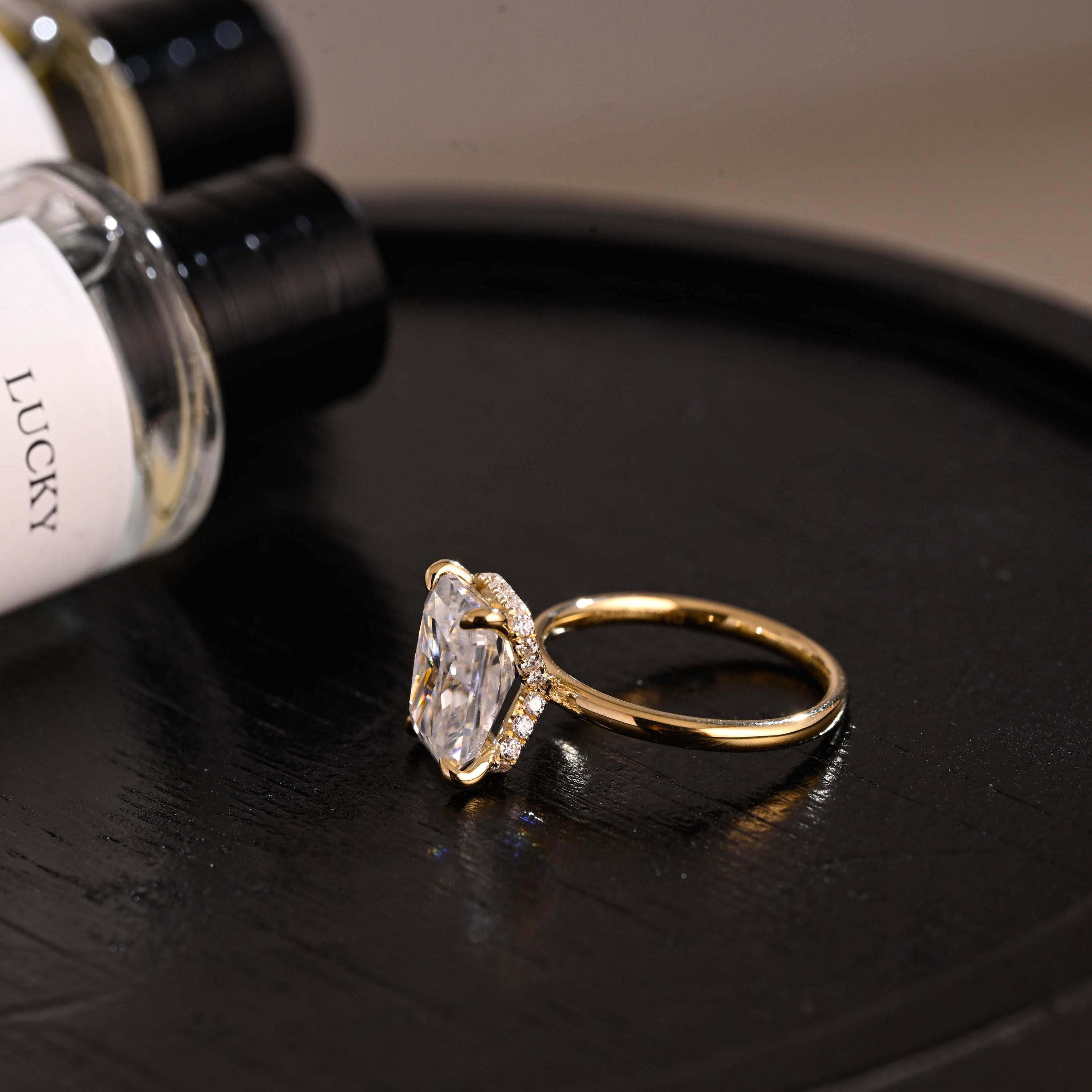 Solid Gold Crushed Ice Cut Ascot Hidden Halo Radiant Cut Moissanite Engagement Ring