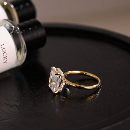 Solid Gold Crushed Ice Cut Ascot Hidden Halo Radiant Cut Moissanite Engagement Ring