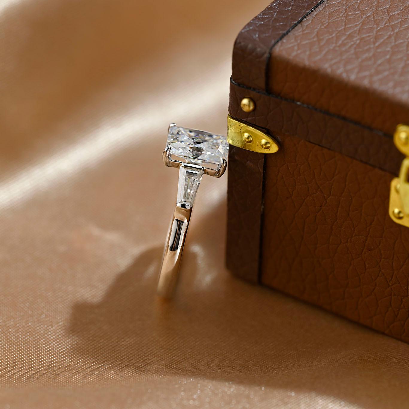 Solid Gold Three Stone Radiant Cut Moissanite Engagement Ring, Anniversary Ring for Her