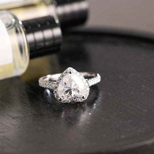Solid Gold Heart Cut Moissanite Engagement Ring, Half Pave Band Ring Proposal Ring, Promise Ring, Wedding Ring