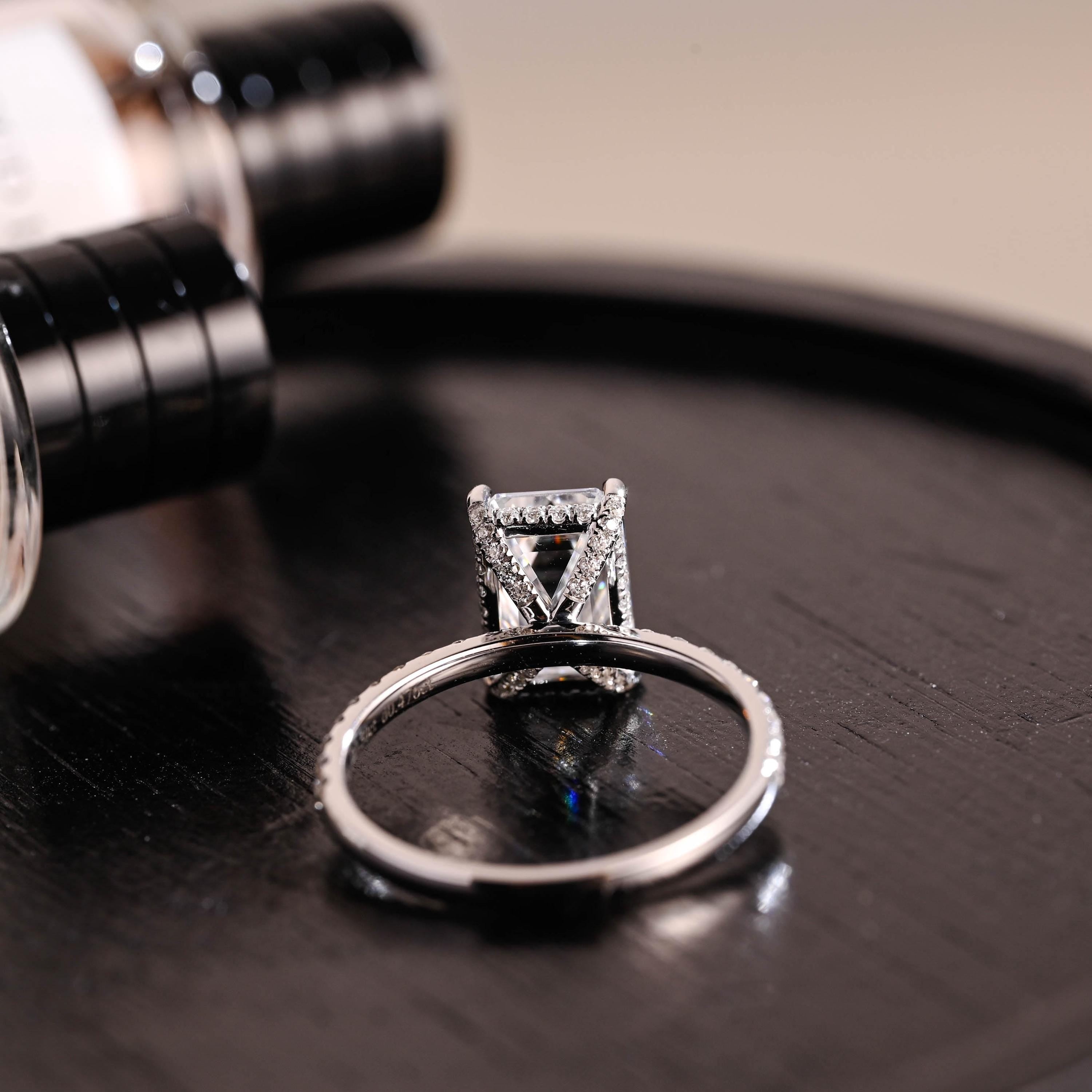 Prong Pave Emerald Cut Moissanite Engagement Ring, Solid Gold Hidden Halo Pave Emerald Cut Moissanite Wedding Ring, Anniversary Ring Gift