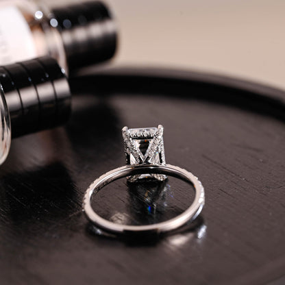 Prong Pave Emerald Cut Moissanite Engagement Ring, Solid Gold Hidden Halo Pave Emerald Cut Moissanite Wedding Ring, Anniversary Ring Gift