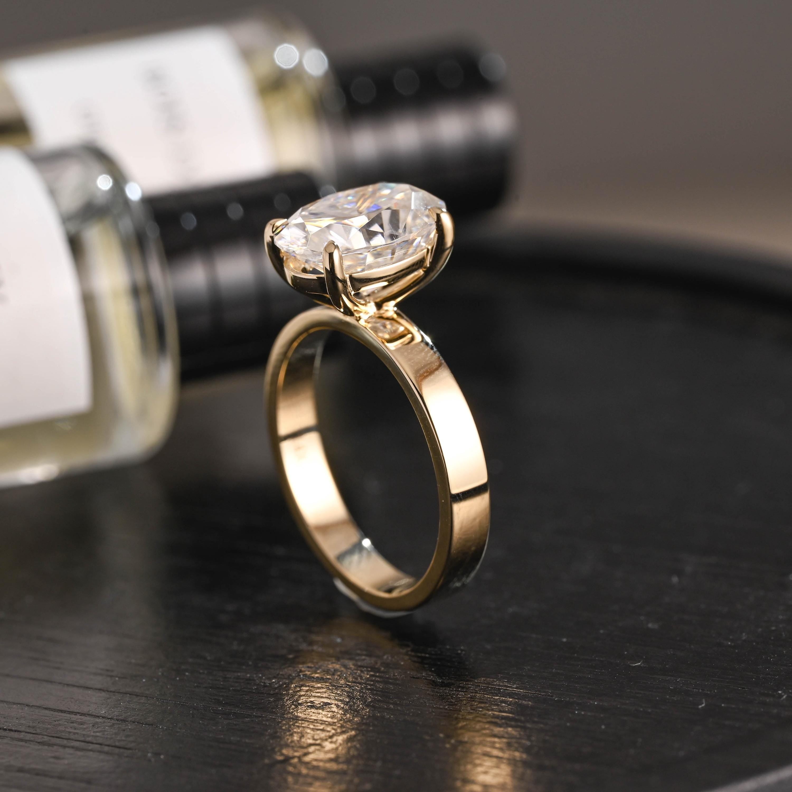 Solid Gold Oval Cut Solitaire Moissanite Engagement Ring, Anniversary Gift Birthday Gift for Women Wife