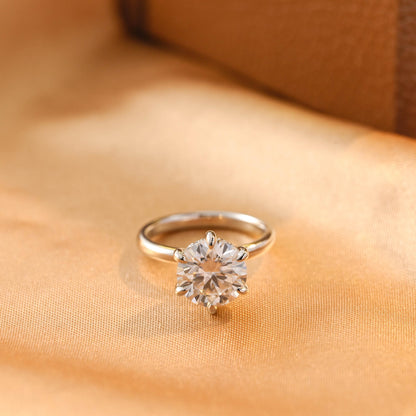 Hidden Halo Round Cut Moissanite Engagement Ring, Solid Gold Classic 6 Prongs Anniversary Ring