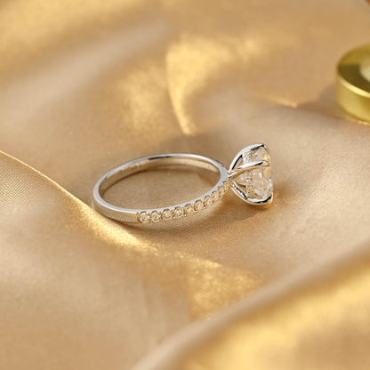 Half Pave Solid Gold Round Cut Moissanite Engagement Ring, Hidden Halo Round Cut Wedding Ring