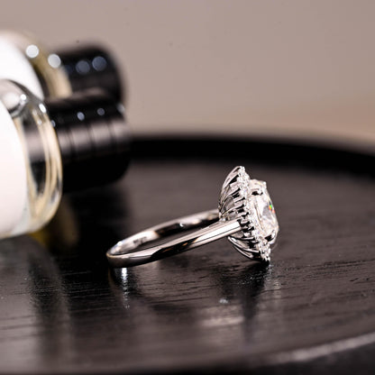 Solid Gold Starburst Oval Cut Moissanite Engagement Ring, Halo Wedding Ring