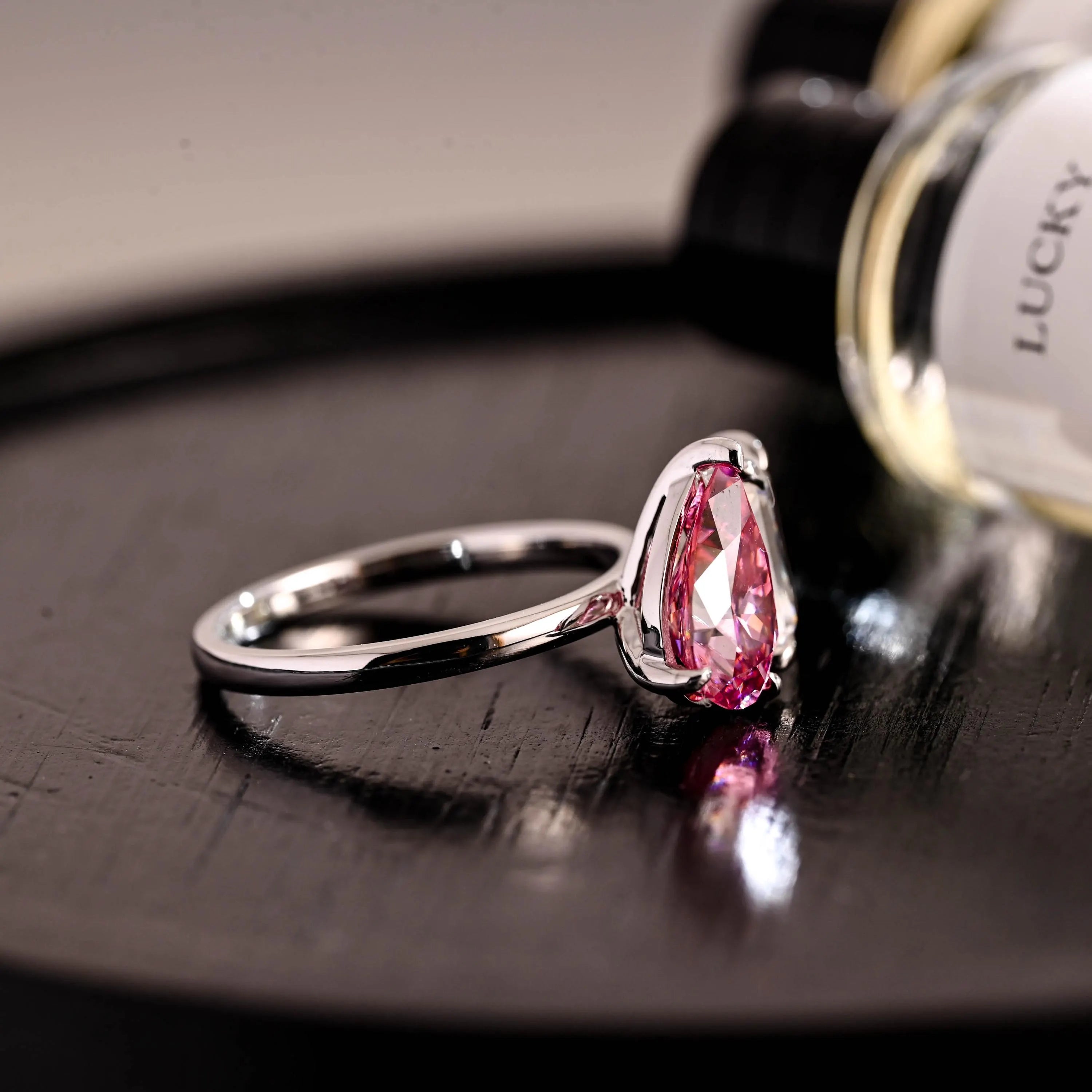 Moi et Toi Pink Moissanite Engagement Ring, Pear Cut Solid Gold Wedding Ring Birthstone Anniversary Ring